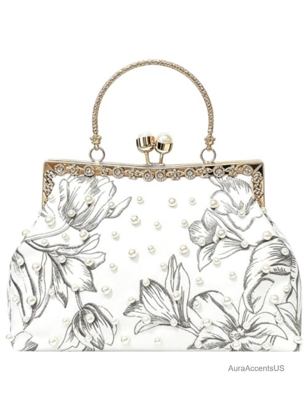 Embroidered Floral Clutch Purse Kiss Lock Evening Bag Pearl Rhinestone